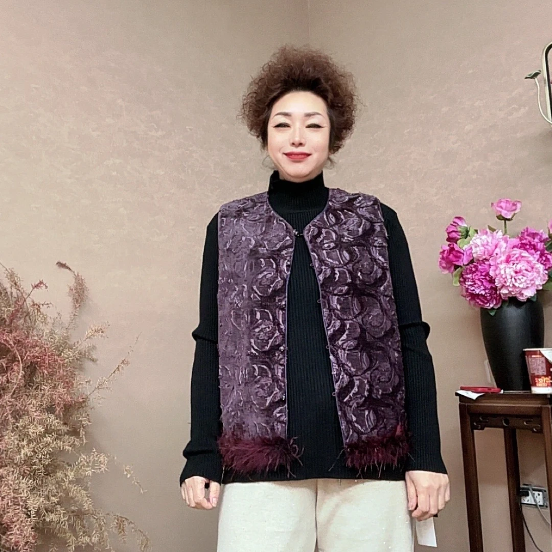 三姐家新中式二棉可拆卸毛边织锦马甲