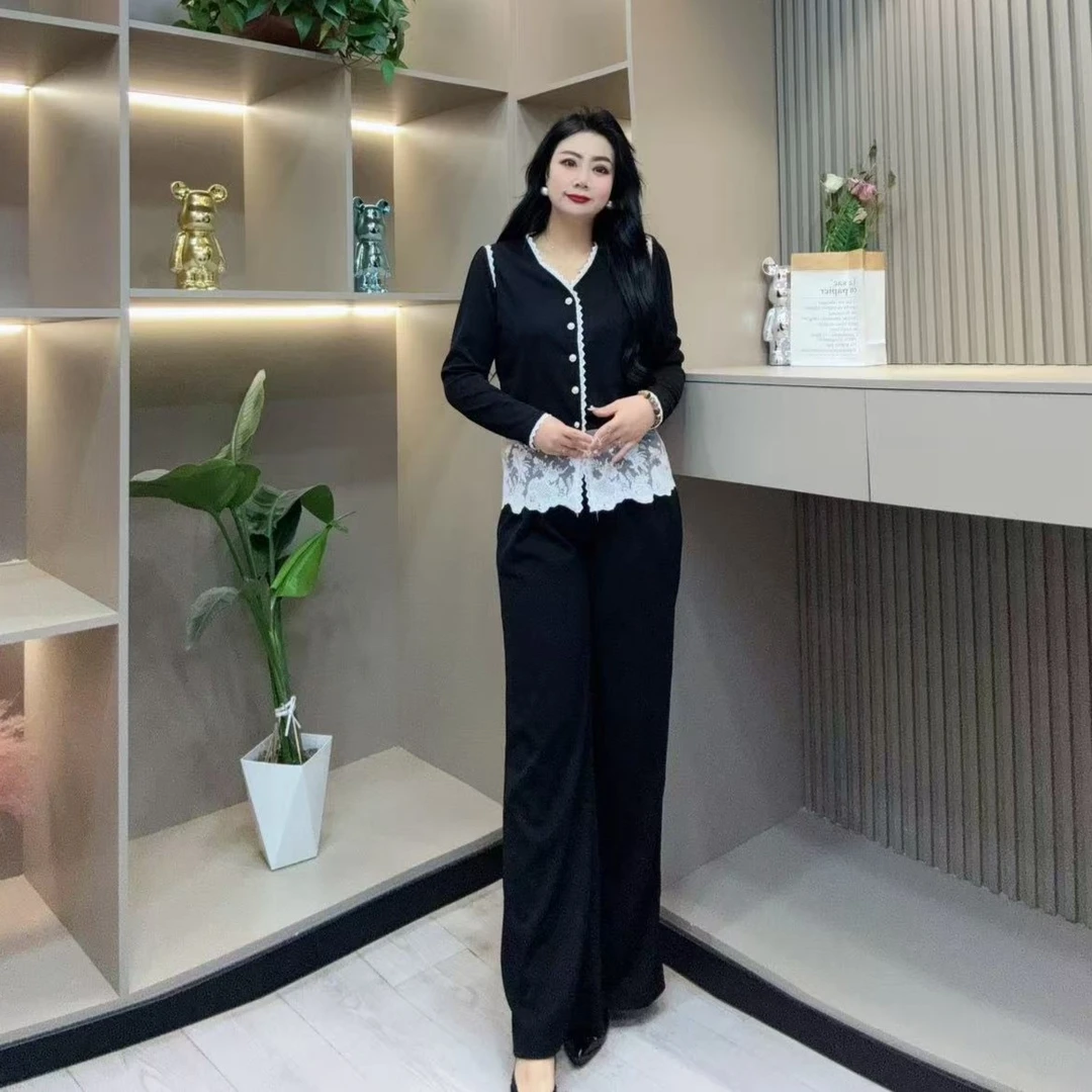 春季两件套-酷 3452时尚潮流蕾丝边气质显瘦百搭胖MM大码女装新款