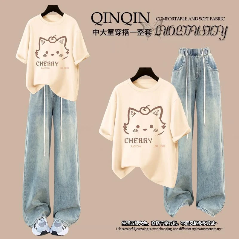 少女装纯棉短袖T恤套装女夏季新款学院风宽松阔腿牛仔裤两件套潮