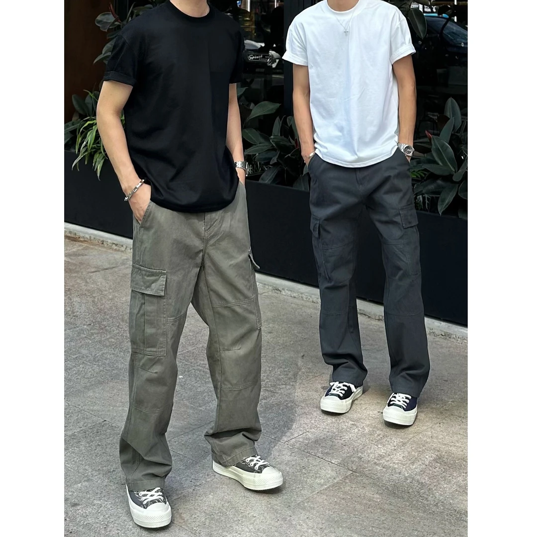 Hans院长复古美式水洗工装裤口袋直筒男女百搭简约素色不粘毛百搭