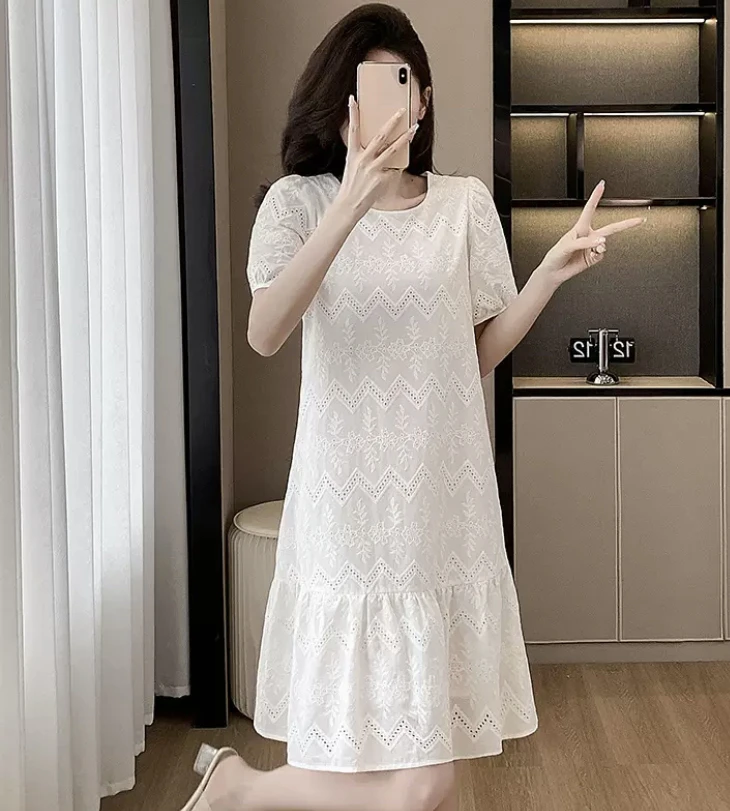 圆领套头镂空显瘦正肩版型连衣裙气质中长款长裙