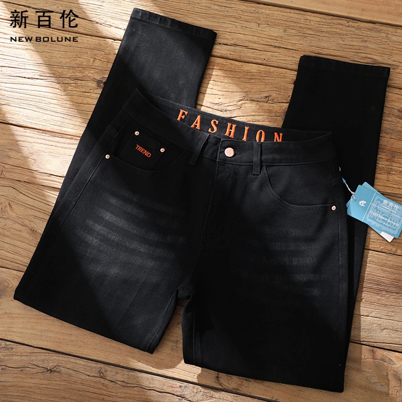 新百伦黑色撞色牛仔裤男2025秋冬休闲百搭直筒修身男款长裤潮流