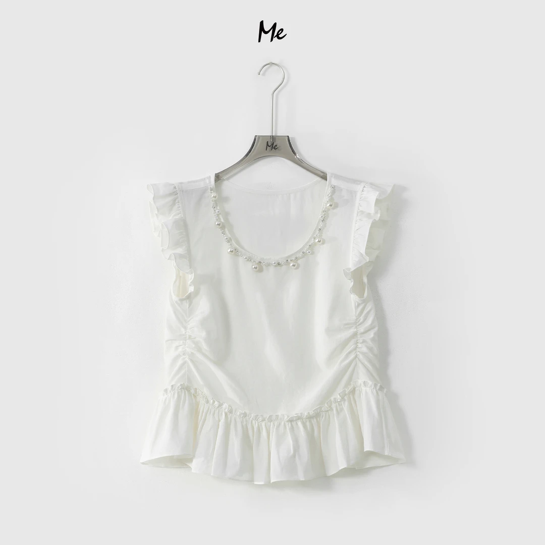 ME【钉珠花荷坎肩】天丝亚麻混纺荷叶边显瘦时尚百搭上衣MESS5774
