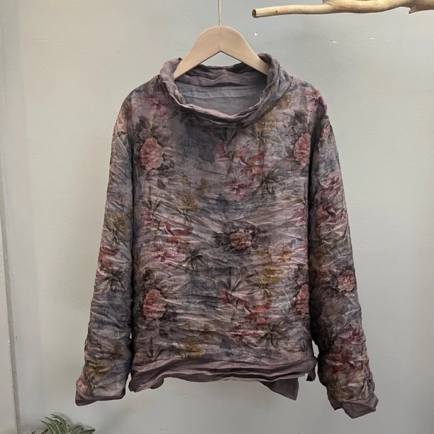 麻韵-秋款纯苎麻印花双层堆堆领衬衫加花色休闲套头上衣长袖洋气