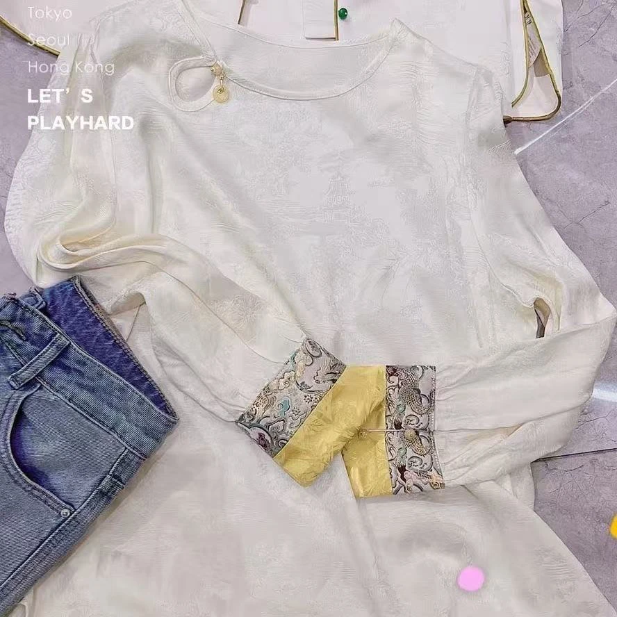 孤品备注编码下单上衣提花长袖衬衣复古盘扣衬衫女圆领小衫