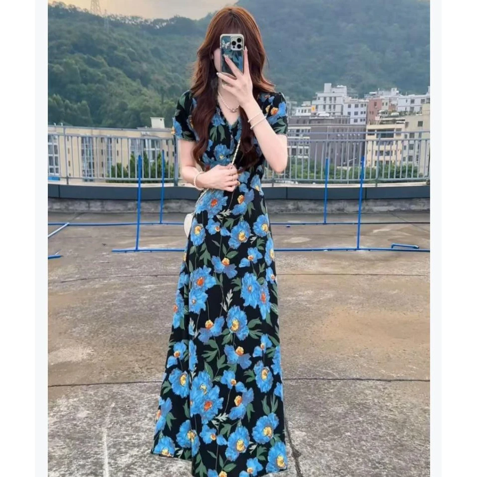 显瘦法式碎花收腰短袖连衣裙女夏季新款气质A字长裙高腰泡泡袖