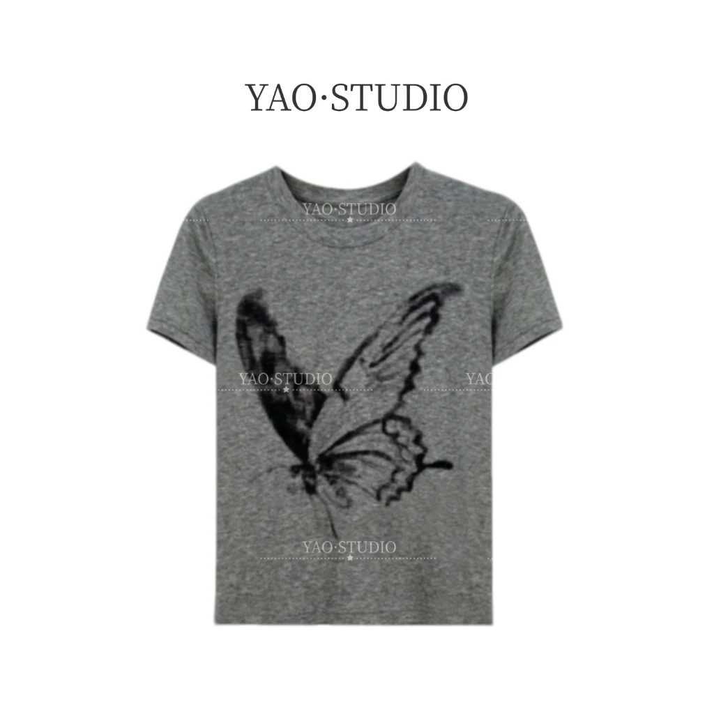 蝴蝶印花圆领T恤时尚短袖百搭休闲时尚女士圆领女款上衣
