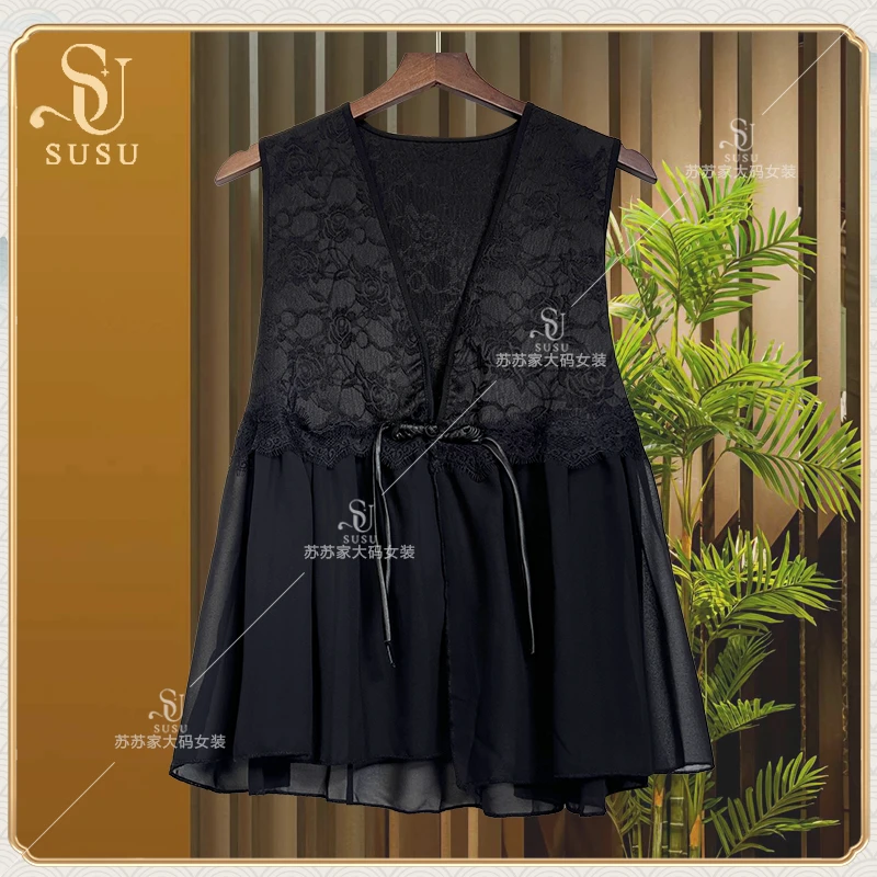 169#1752-黑色复古蕾丝拼接马甲-F