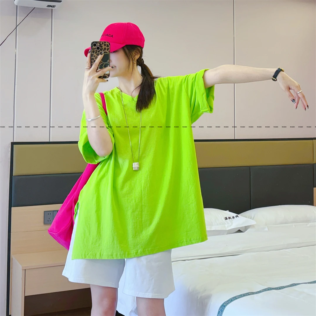 中长款遮屁股显瘦遮肉v领半袖T恤女夏季果绿色大码ins韩版短袖潮T