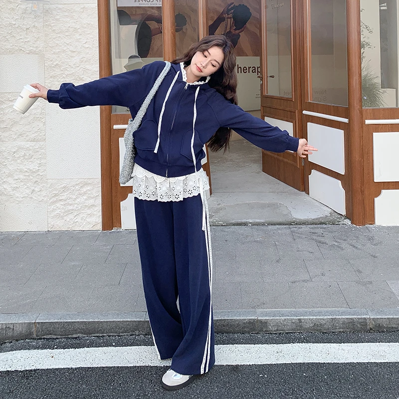韩版学院风俏皮减龄套装女秋季新款百搭连帽拼接卫衣休闲裤两件套