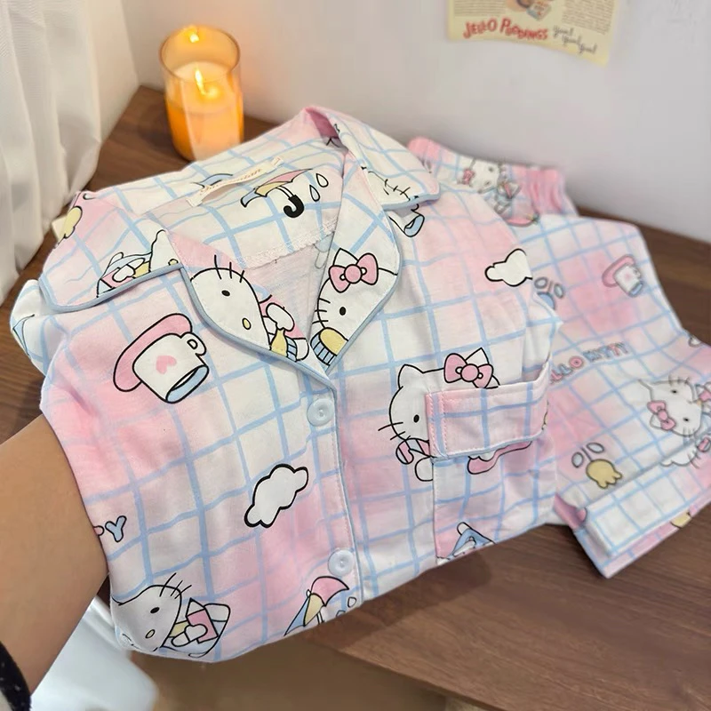 可爱格子HelloKitty睡衣女春秋款棉长袖网红风新款家居服两件套