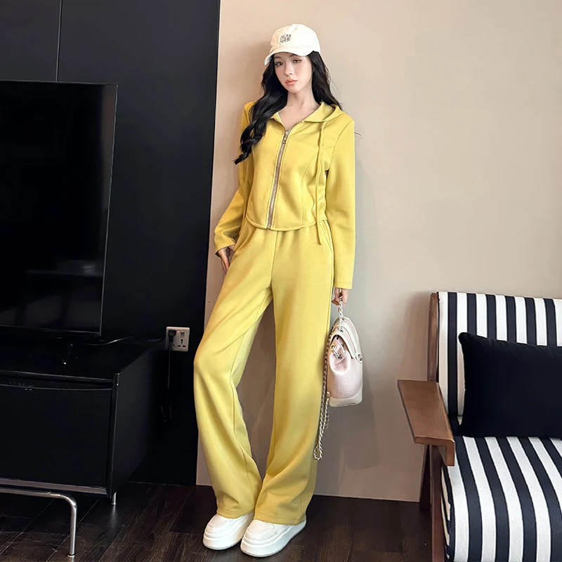 黄色休闲套装女春秋季2025新款穿搭一整套洋气连帽开衫卫衣两件套