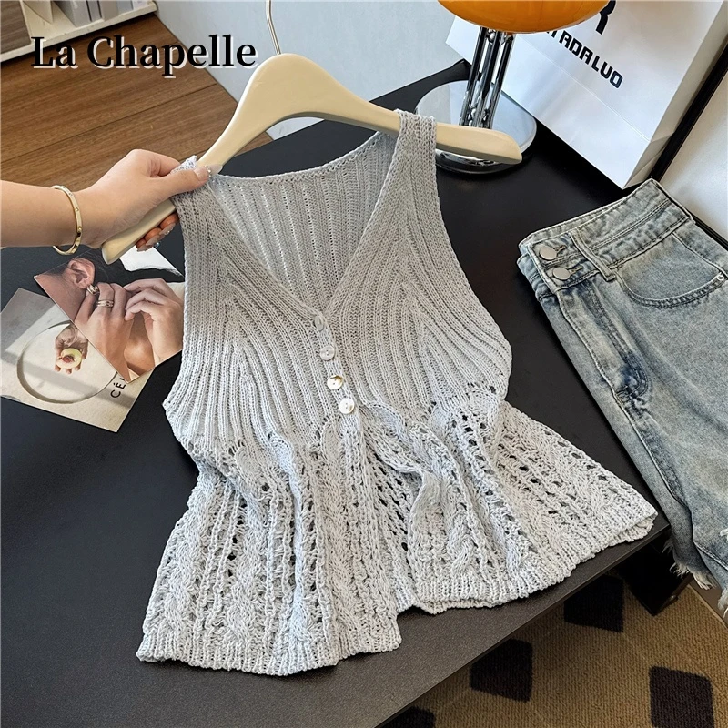 拉夏贝尔2025新款韩系镂空针织背心显瘦时尚百搭短款小众无袖上衣