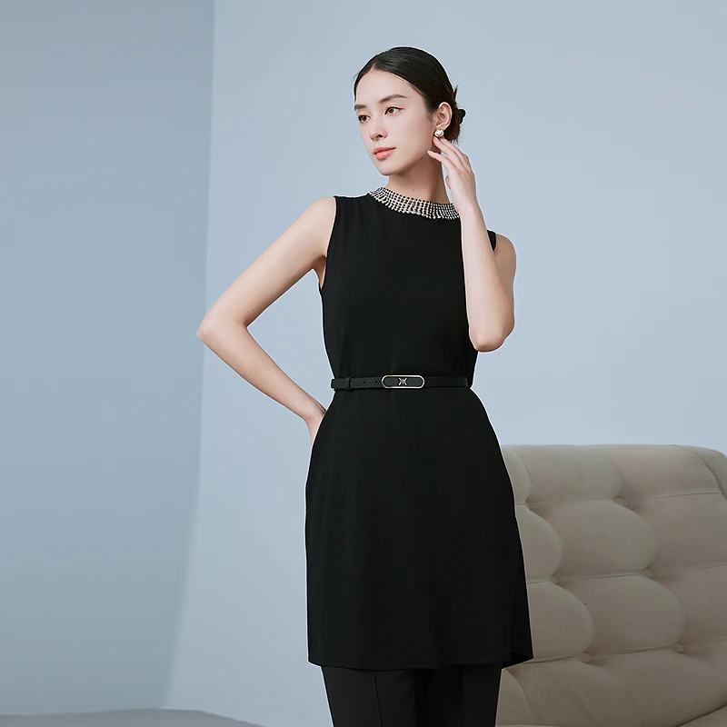 优雅重工钉珠连衣裙2025年新款无袖小黑裙女-MJGB02KOP402B11