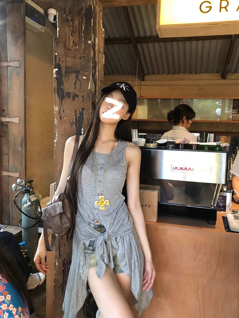 【青仓】美式辣妹不规则系带背心女假两件小众外穿无袖上衣25063