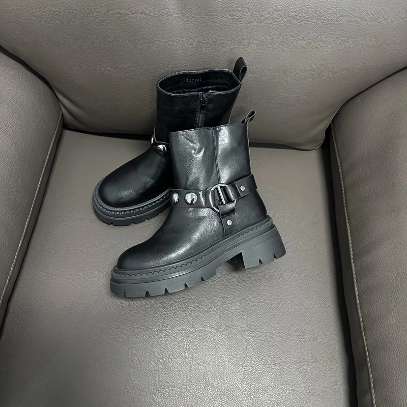 酷飒机车风~侧拉链中筒厚底机车马丁靴H80559