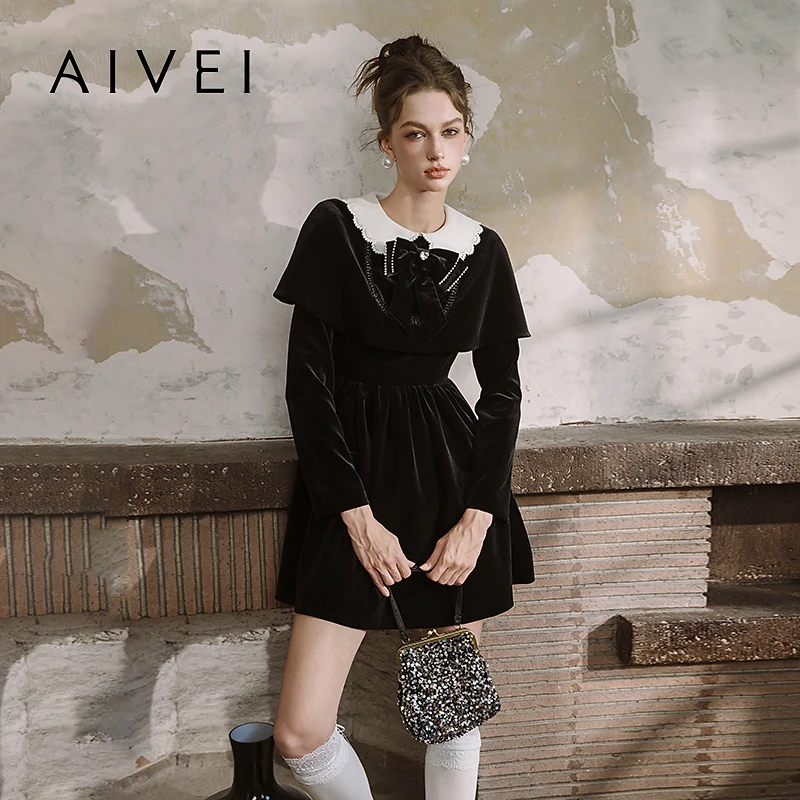 AIVEI欣贺艾薇秋季新小个子千金公主风斗篷丝绒连衣裙R755304A
