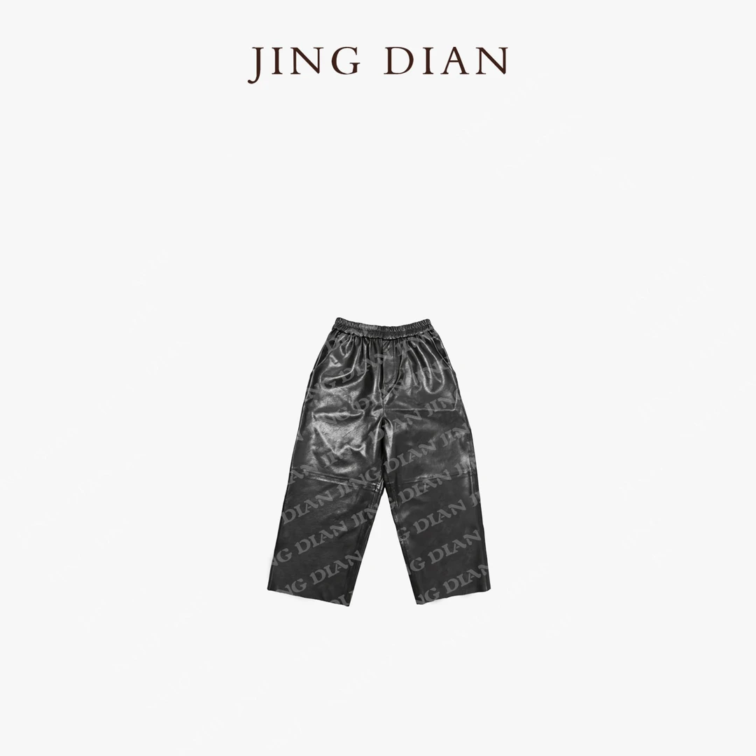 【JINGDIAN】定制款黑色简约拼接净版皮裤 设计款休闲秋季百搭女