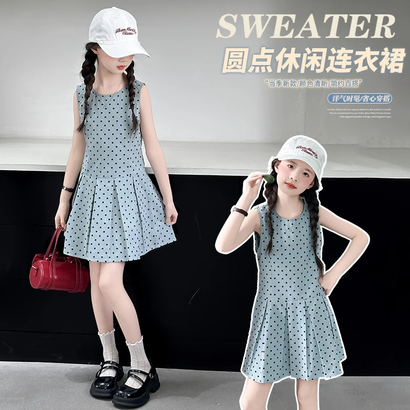 女童夏季荡领短裙波点褶皱无袖连衣裙2025新款韩版百搭吊带裙圆点