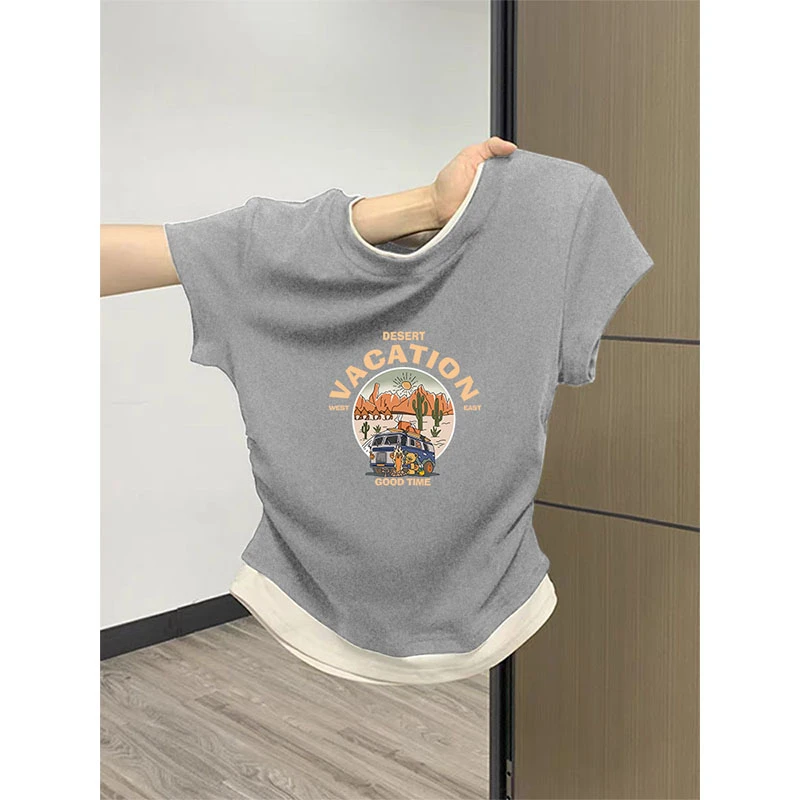 假两件正肩圆领短袖T恤女2025新款收腰褶皱上衣修身显瘦灰色夏季