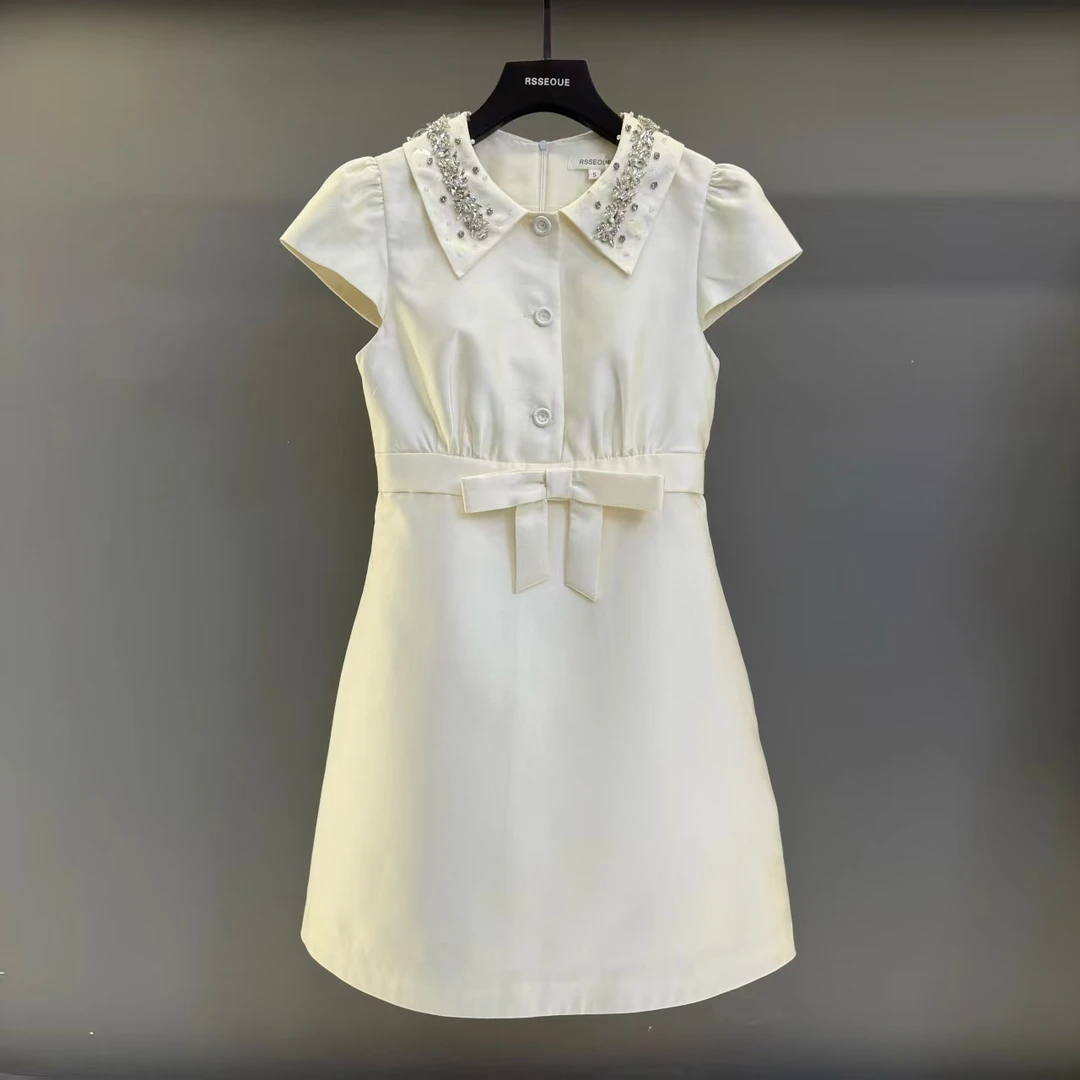 法式小香风翻领泡泡袖连衣裙女夏季重工钉钻高级感A字短裙子L9555