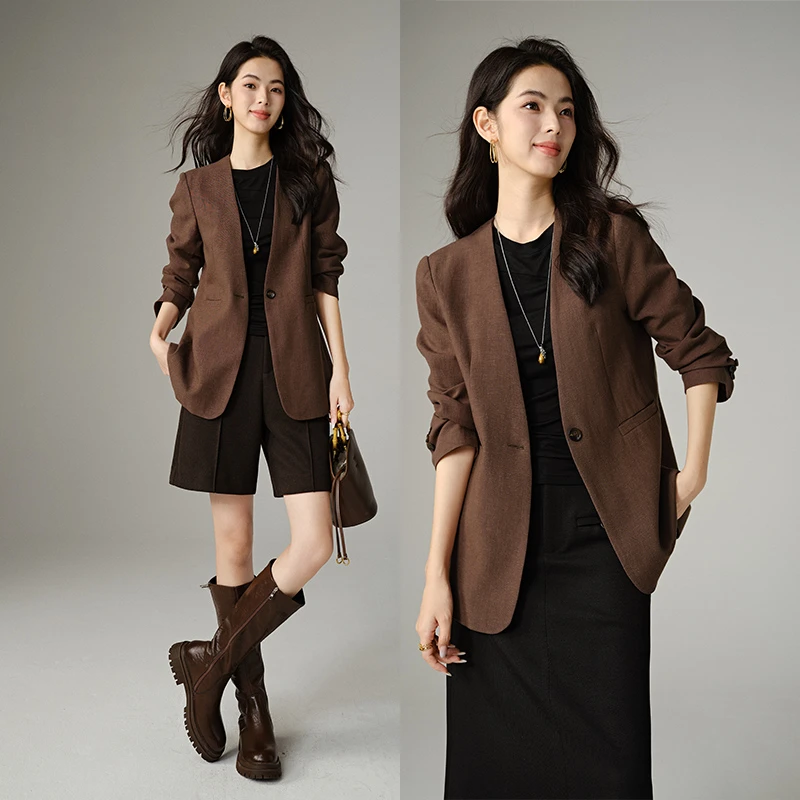【新品】2025亚麻一粒扣上衣西装外套女25042323
