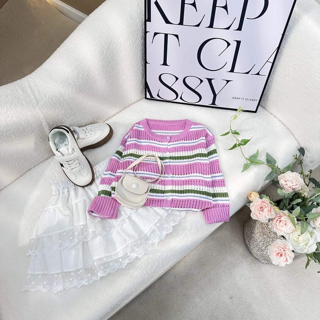 2025儿童春秋简约蝴蝶结女童韩版针织套装中大童百搭套装