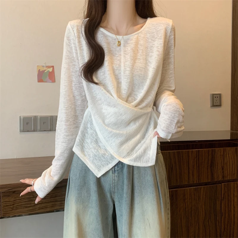 薄款竹节棉正肩长袖T恤女2025夏新款大码胖mm卡腰小衫不规则上衣