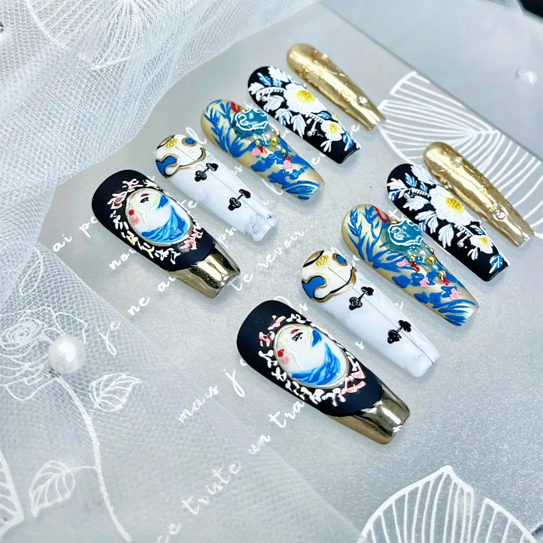 【富婆端】【满宫旗绣】M哥高品质手绘穿戴甲显白气质国风刺绣美甲