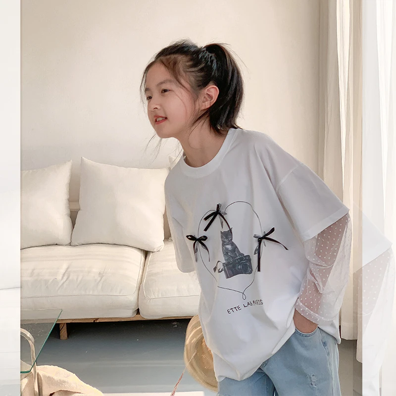 【心动】西西家女童2025夏季新款网纱假两件洋气上衣长袖T恤DF15168