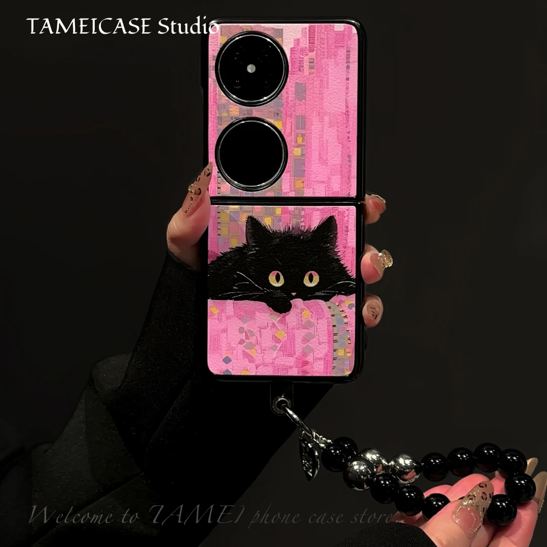 适用于华为pocket2手机壳羊皮折叠屏FINDN3FLIP黑猫华为pockets