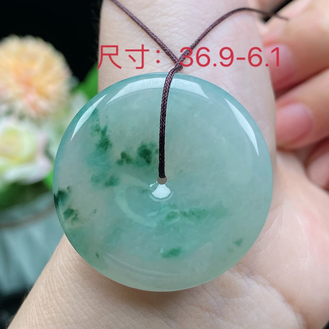 0327缅甸天然A货翡翠 冰润胶感饱满飘花平安扣吊坠