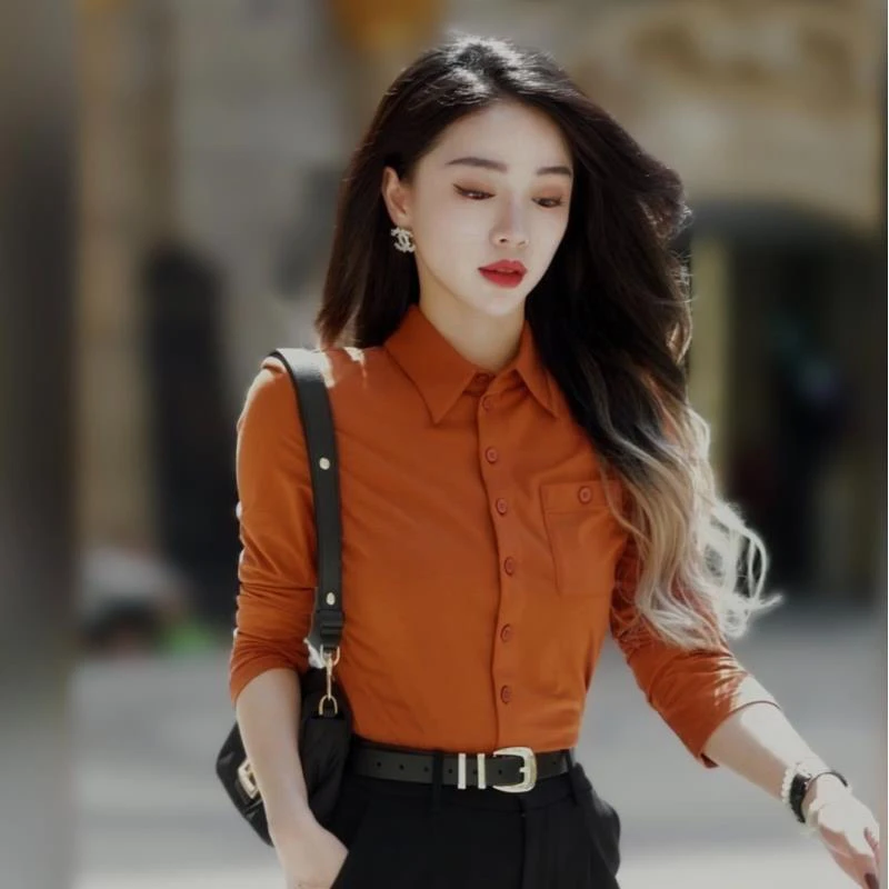 哥弟阿玛施正品2025口袋百搭爆款显瘦纯色新款长袖衬衫休闲衬衣女