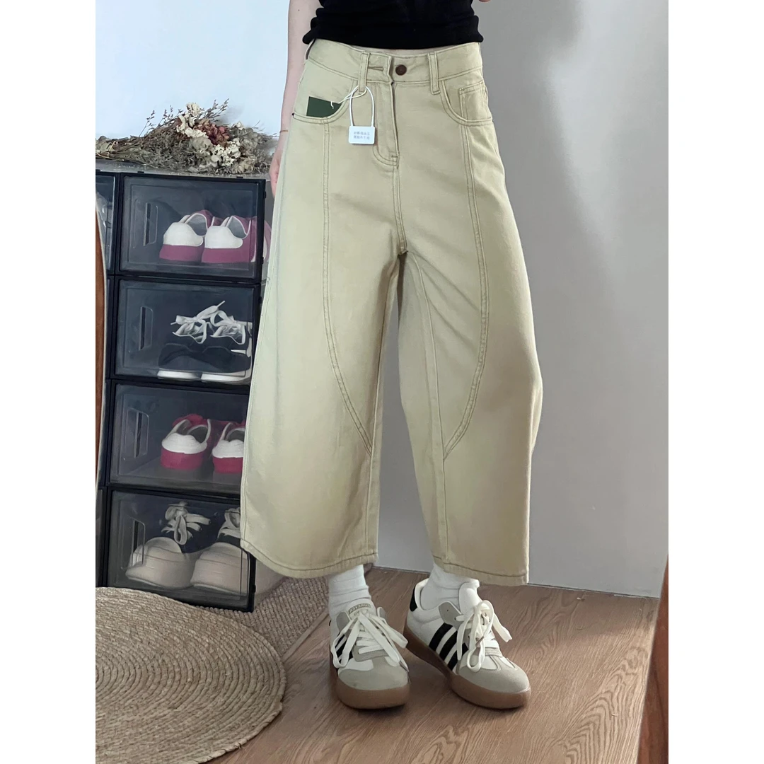 复古水洗卡其阔腿七分牛仔裤女2025夏季新款高腰显瘦百搭直筒中裤