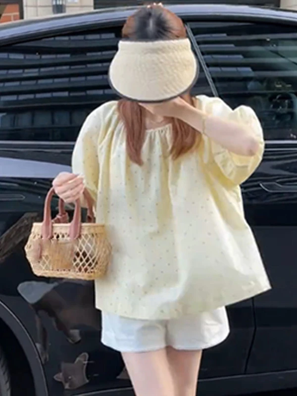 夏装搭配一整套2025超火新款气质小个子波点宽松显瘦衬衫短裤女装