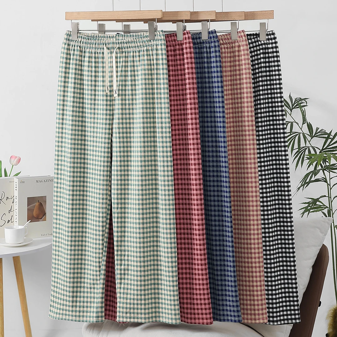 睡裤女秋冬季双面磨毛薄绒保暖家居裤休闲格子宽松大码可外穿长裤