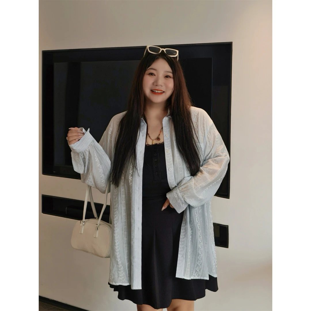 大码女装秋季宽松减龄休闲时尚花契200斤胖mm韩系肌理感衬衫14768