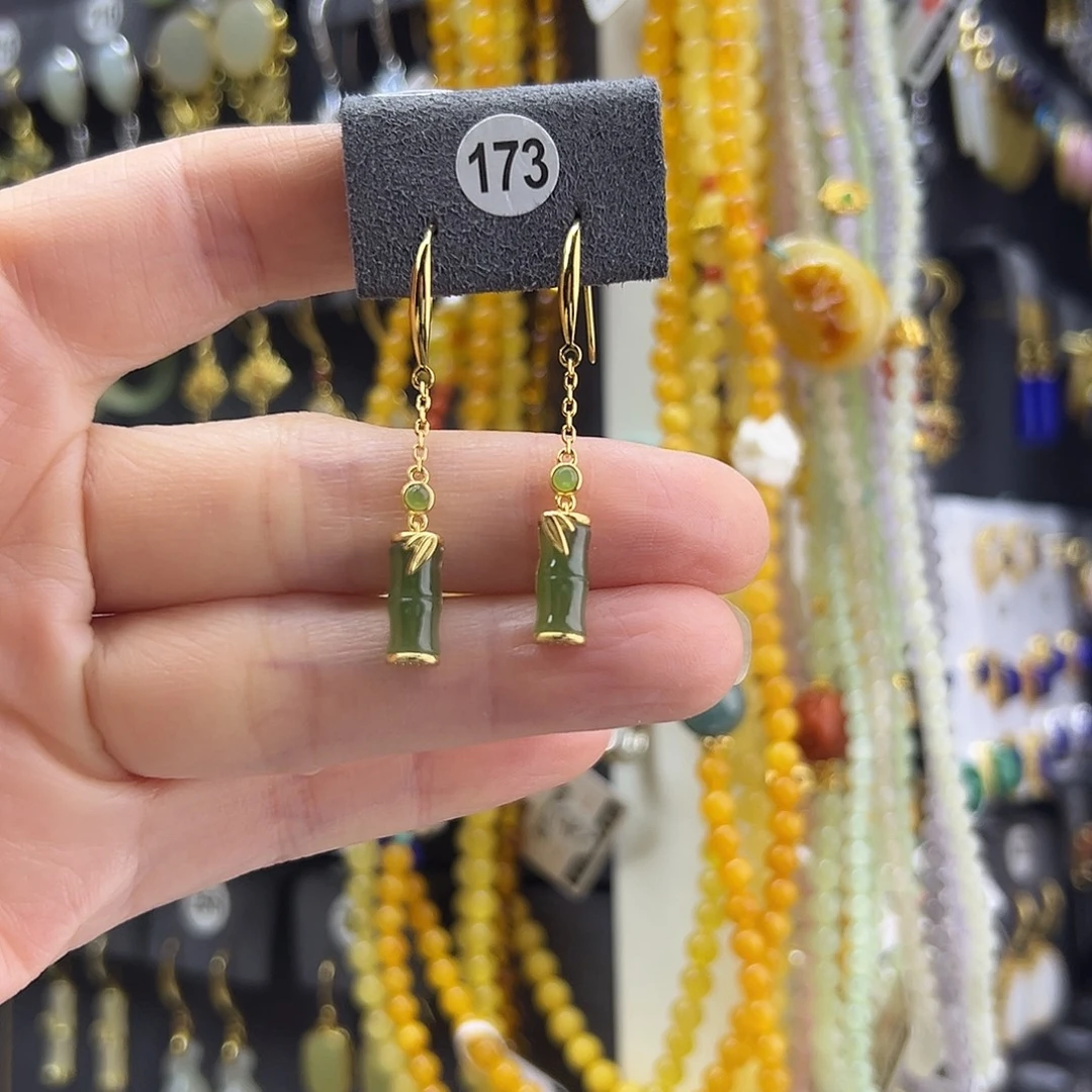 影***子和田玉未镶嵌耳饰通体纯银天然碧玉竹节耳钩