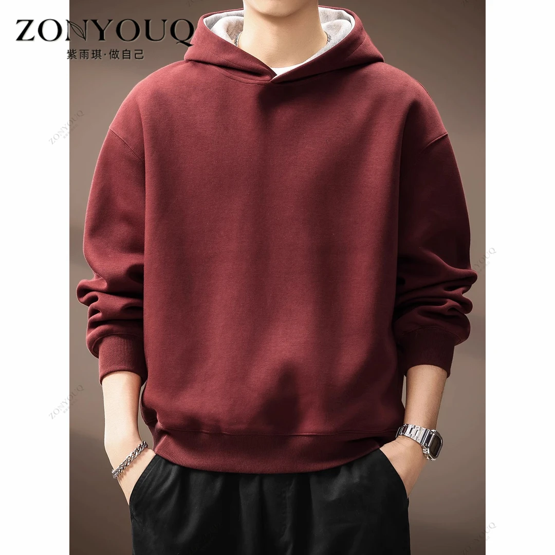 ZONYOUQ美式重磅双色连帽卫衣男秋新款潮流宽松休闲外套百搭上衣