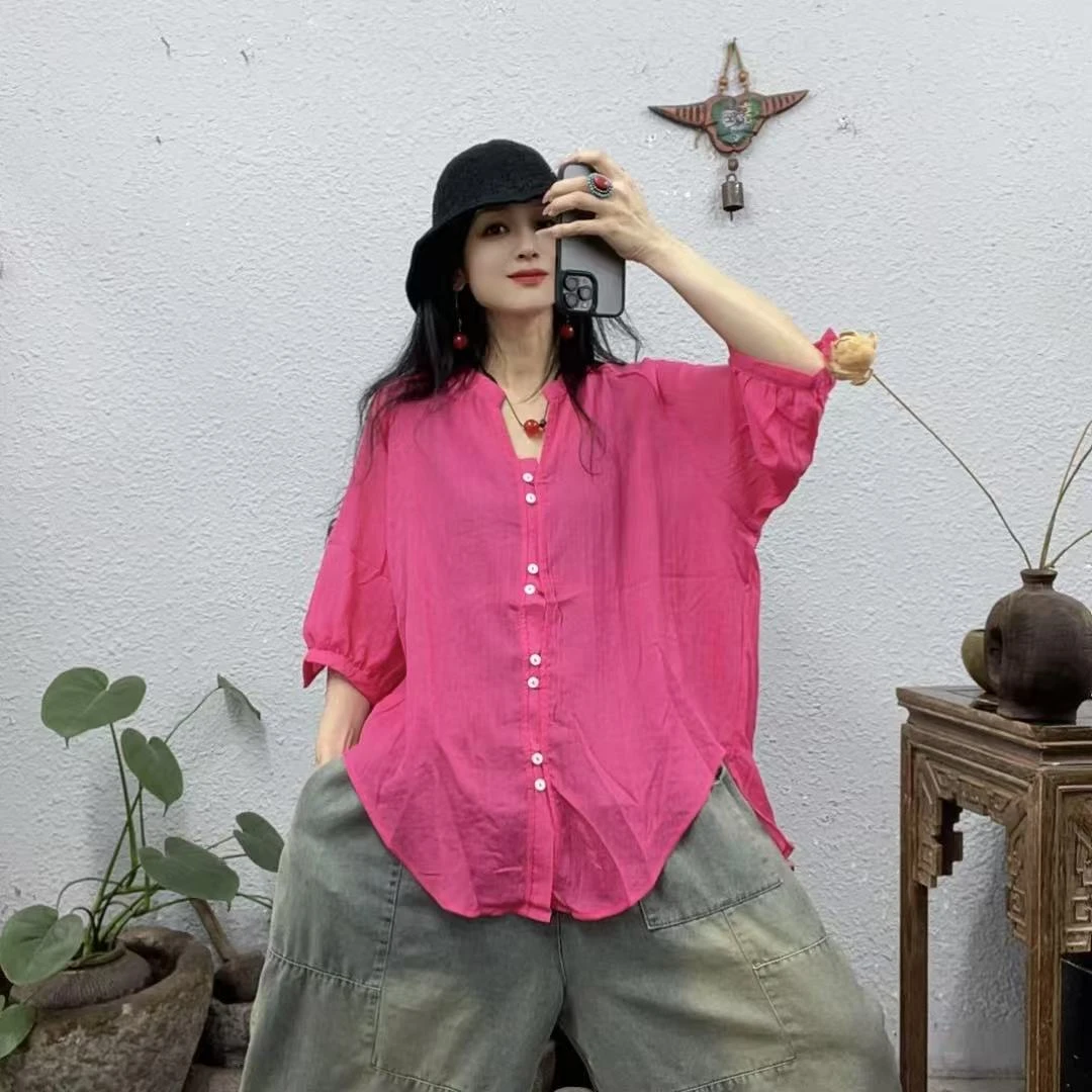 30372棉纱纹路云母扣插肩袖七分袖圆摆上衣（长71胸围130