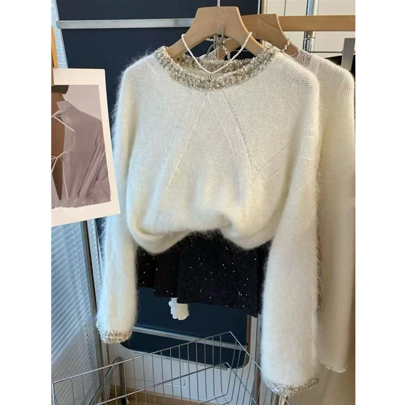 毛茸茸法式慵懒宽松毛衣白色轻奢小香风气质高级感套头上衣女1257