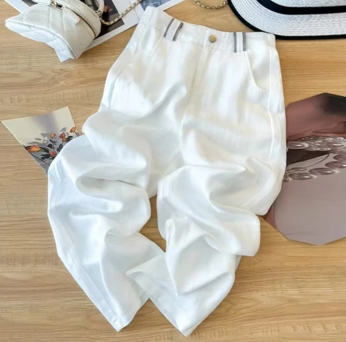 7108夏季垂感高腰薄款冰丝高端休闲直筒裤子天丝亚麻西装裤