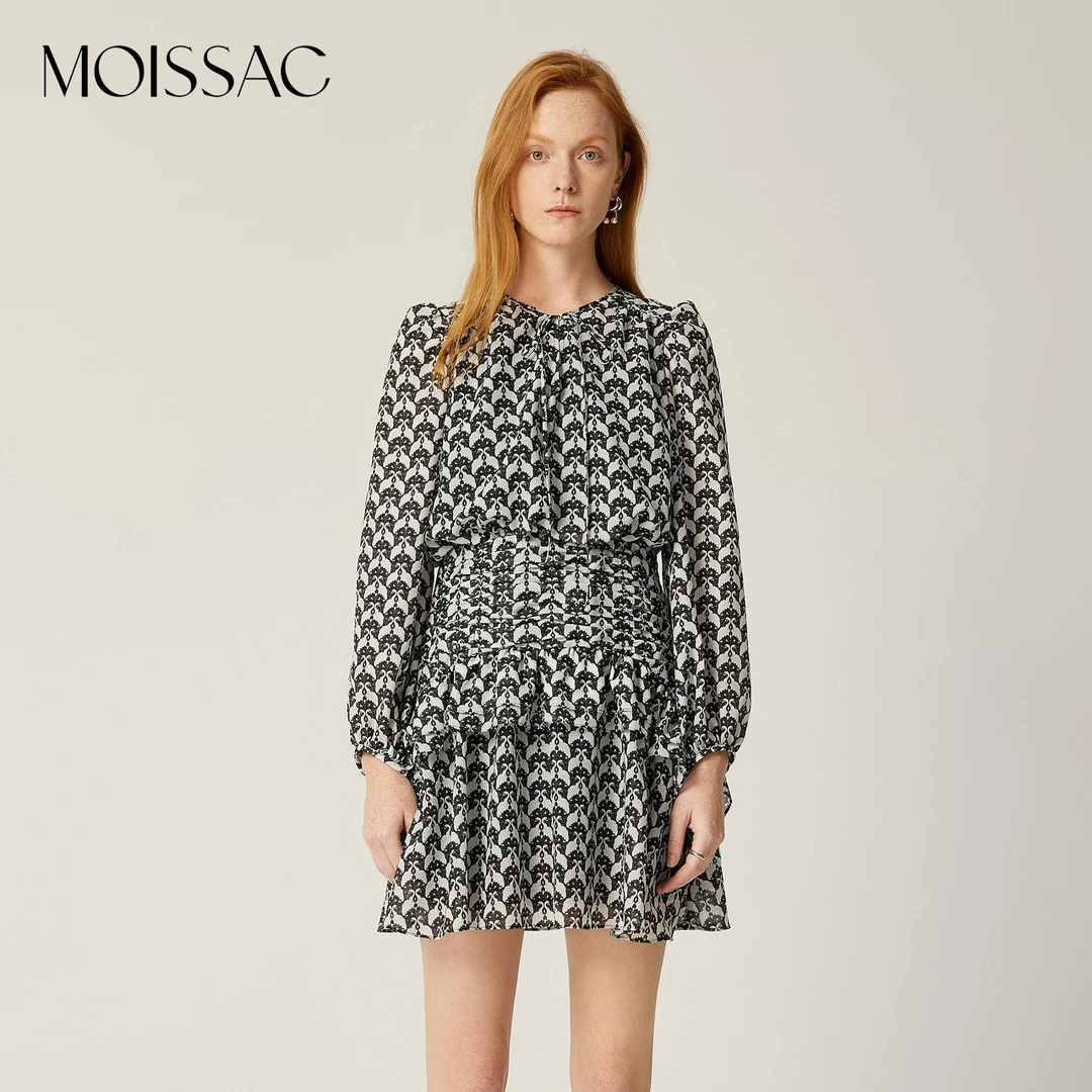 MOISSAC摩萨克2025春款X型黑天鹅图案连衣裙女MWEC50022