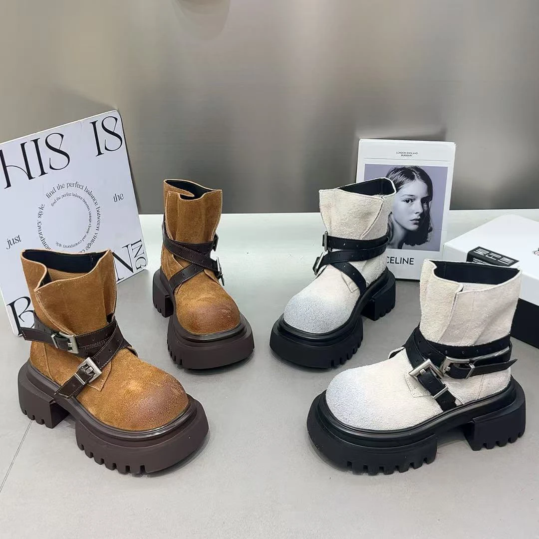 欧货2025新款厚底增高马丁靴女英伦风复古短筒机车靴百搭烟筒靴潮
