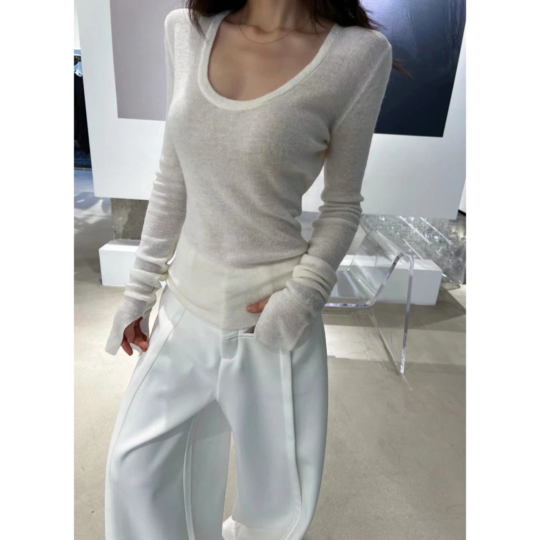 T恤女2025早秋新款韩版慵懒风气质内搭薄款U领宽松显瘦长袖上衣