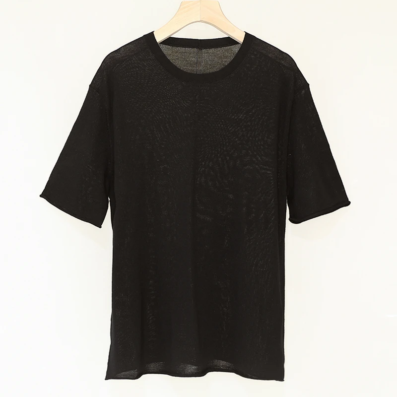 【黑色】气质优雅通勤简约纯色圆领绵阳毛短袖亲肤柔软女上衣T恤