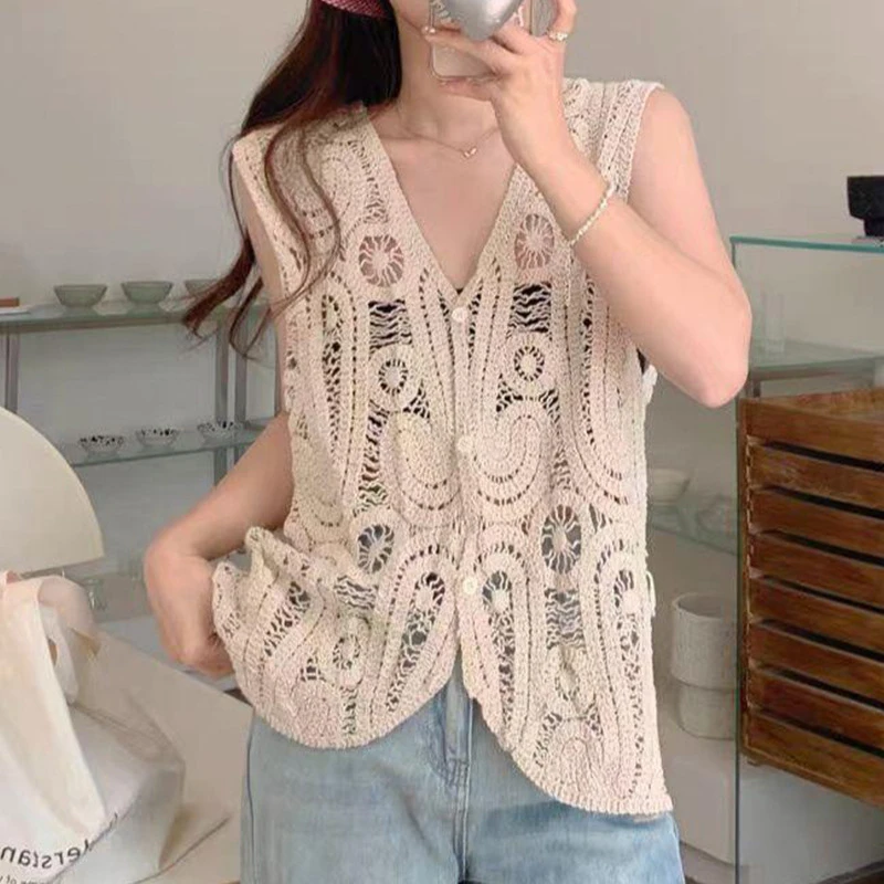 高质量-042镂空钩花薄款编织马甲针织背心小开衫上衣