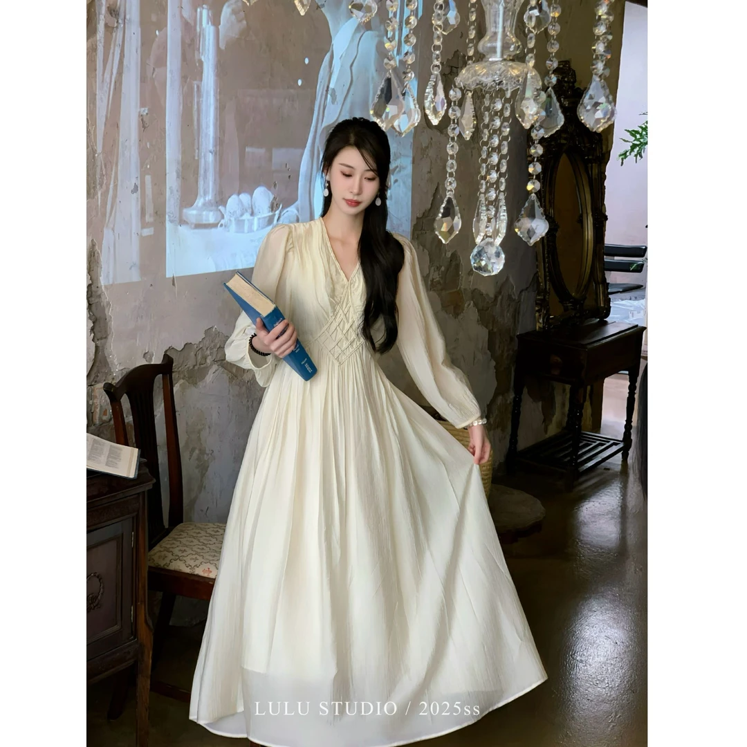 【璐璐专属】长袖法式V领拼接纯色小众设计感连衣裙 YX25405