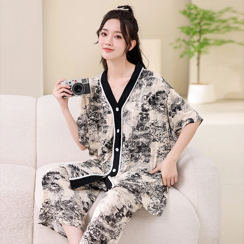 夏季大码女士V领睡衣新款家居服胖mm短袖七分裤宽松薄款休闲套装