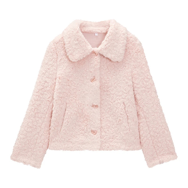 IEF/爱依服2025新款冬季时尚气质百搭草莓太妃糖纽扣毛绒短外套